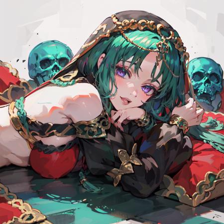 00891-37125974-,_salome_(fate), 1girl, solo, looking at viewer, bare shoulders, lying, detached sleeves, tongue, on stomach, veil, skull.png